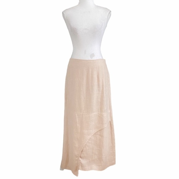 KOKOMARINA LINEN SOFT PINK FAUX WRAP CROSS OVER FRONT SLIT HIGH RISE MIDI SKIRT - Picture 1 of 11